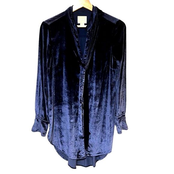 Maeve Anthropologie Blue Crushed Velvet Tunic Tie-Neck Size 2 Fairy Whimsigoth - Picture 1 of 9